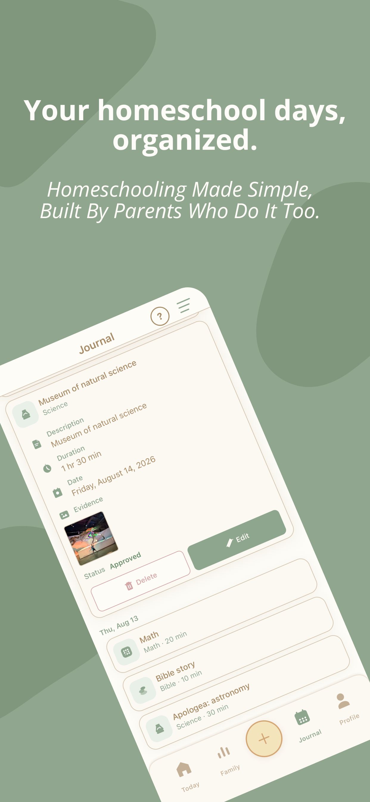 The Journal screen, showing a museum visit with photos, duration, and a month timeline of earlier activities.